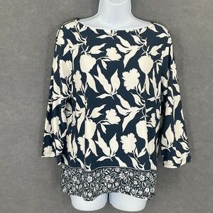 Ann Taylor Top Womens Sz‎ L Floral Print Blue White Boat Neck 3/4 Sleeve Office